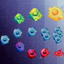 illustration of a cancer cell being "zapped" with chemotherapy, and then cell lines branching off into fried egg-shaped senescent cells, normal cells, and dying cells