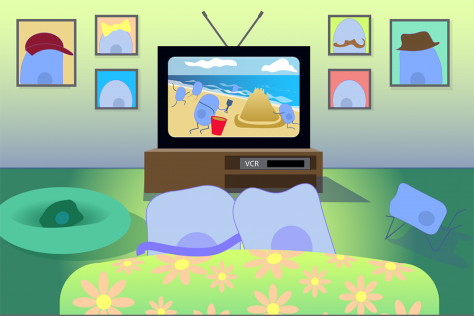 illustration of two cancer cells watching a home video