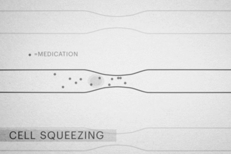 a cell and medication particles passing through a narrowing tube