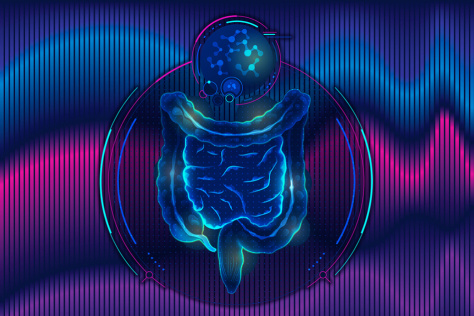 graphic of a GI tract against a background with wave-like patterns