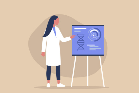 woman in lab coat stand next to a chart