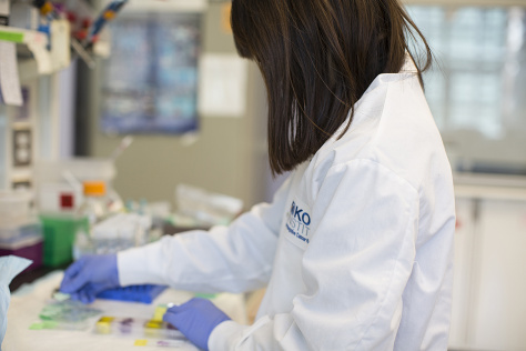 a researcher in a lab coat and gloves handling slides