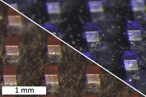 Two images show a metallic cubes that are about 1mm big.